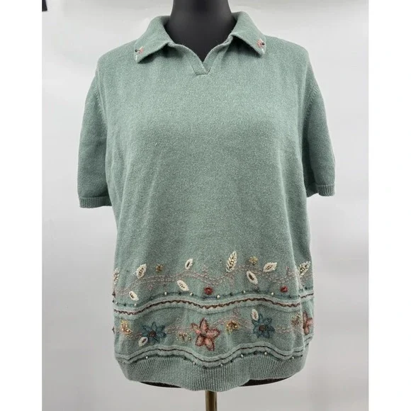 Alfred Dunner Sage Green Embroidered Floral Short Sleeve Polo Sweater XL - Picture 3 of 9
